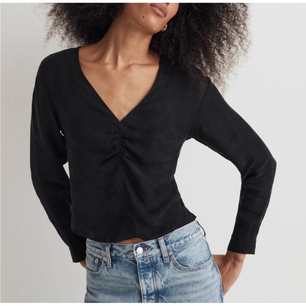 MADEWELL Brushed Ruched Cupro Black Minimalist Clean Girl Aesthetic Blouse Top